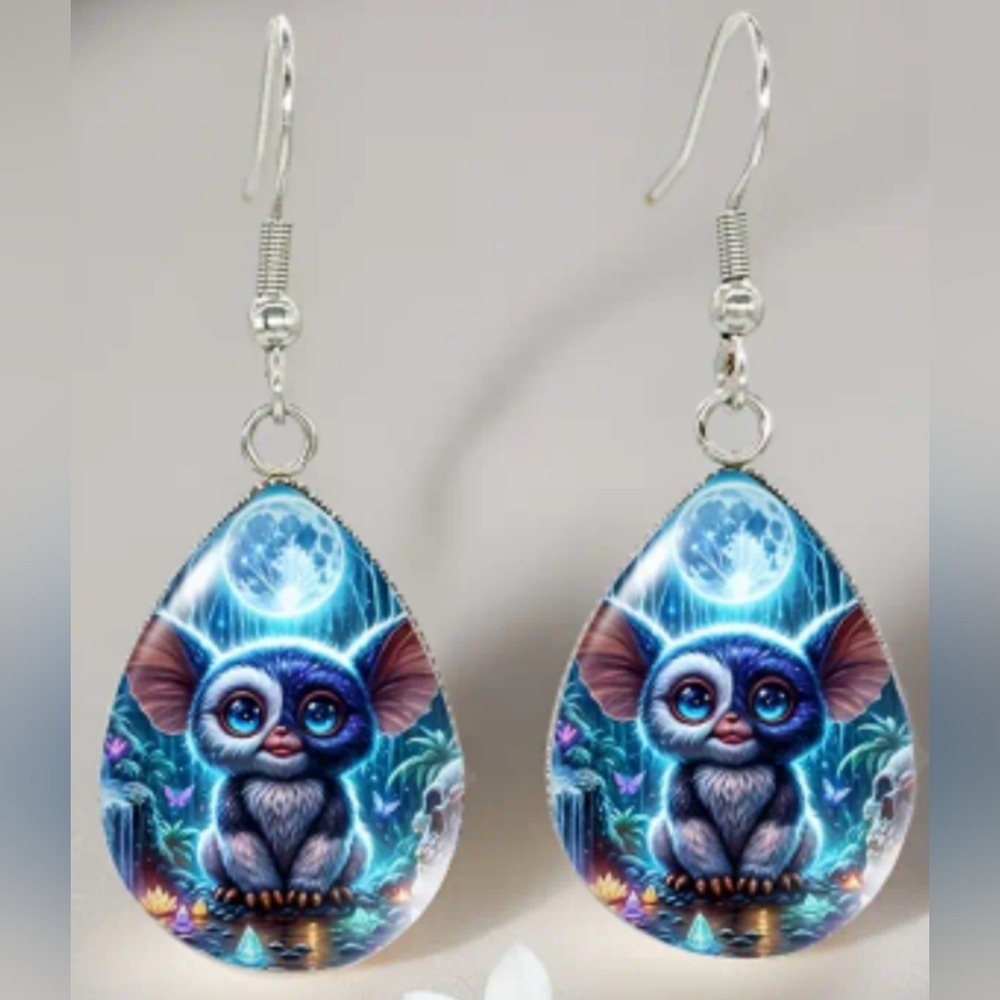 NEW Blue Fantasy Futuristic Creature Monster Crystal Glass Gift Earrings(#0290)